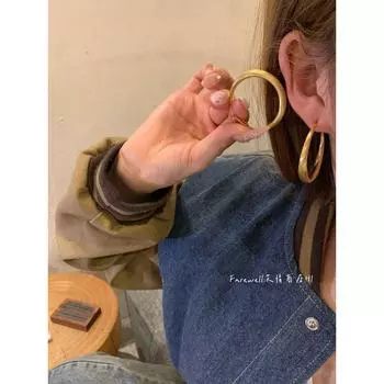 Mid-Ancient Cold Style Fashion Metal Earrings Retro Minority Exaggerated Ear Ring Fancy Earrings Trendy Square round Face Earrings Large 4cm Gold Earrings