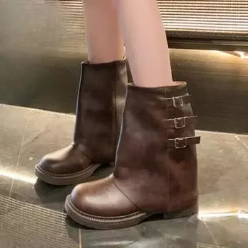 Mid-calf Boots 2024 Women Boots Thick-soled Motorcycle Boots Versatile Ins Style PU Leather Solid Color One-step Women s Zapatos 35 чёрный