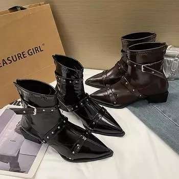 Сапоги до середины голени Женские резиновые туфли Дождевые заклепки Зимняя обувь Ботинки на молнии4 Кроссдрессинг Низкие рок-езда 35 коричневый