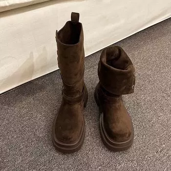 Mid-calf Flat with Modern Boots Winter Slip-on 2024 High Quality Women s Shoes Round Toe Low Heel Buckle Novelty Women s Boots 35 хаки