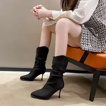 Mid Calf Shoes Woman Pointed Toe High Heels Half Boots Women Elegant Heeled Spring 2024 Large Size Warm Waterproof Gothic Chic 35