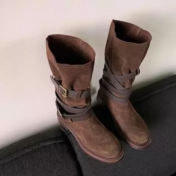 Современные ботинки на квадратном каблуке до середины икры, с закругленным носком, 2024 г., высококачественная женская обувь, женские ботинки на среднем каблуке с пряжкой 35 коричневый