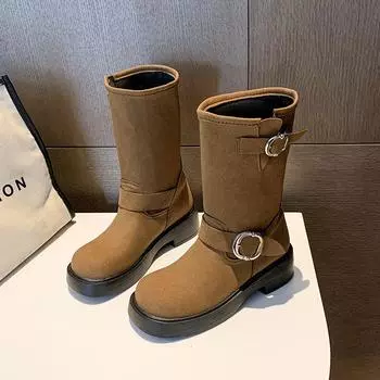 Mid-calf Square Heel Modern Boots Spring/Autumn Slip-on Women s Shoes on Sale 2024 Brand Round Toe Mid Heel Solid Women s Boots 35 коричневый