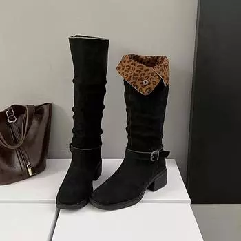 Mid-calf Square Heel Modern Boots Turned Over Edge Spring/Autumn Women s Shoes on Sale 2024 Brand Round Toe Sexy Boots 36 хаки
