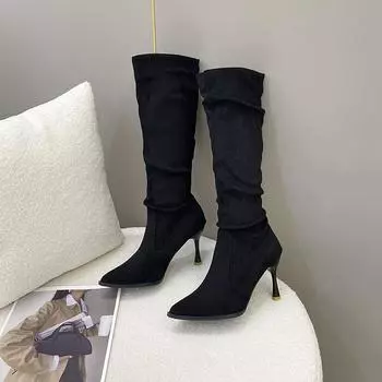 Mid-calf Thin Heels Modern Boots Spring/autumn Pointed Toe Ladies Shoes on Sale 2024 Fashion High Heel Solid Sewing Boots 35 хаки