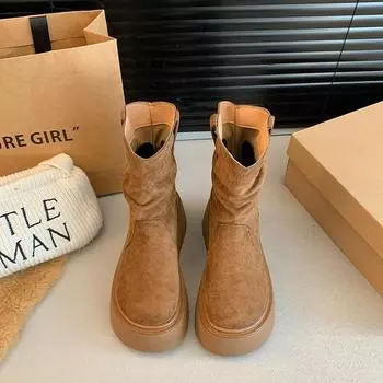 Современные ботинки на танкетке до середины голени, зимние ботинки без застежек 2024 года, горячая распродажа женских ботинок с круглым носком и высоким каблуком, однотонные, сшитые, лаконичные женские ботинки 35 верблюд