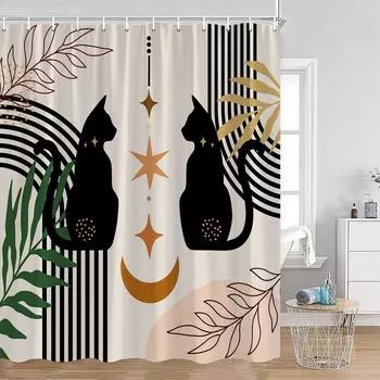 Mid Century Black Cat Shower Curtains Boho Sun Moon Vintage Mandala Bathroom Decorations Minimalist Bathtub Curtain with Hooks 90x180cm-35x70in