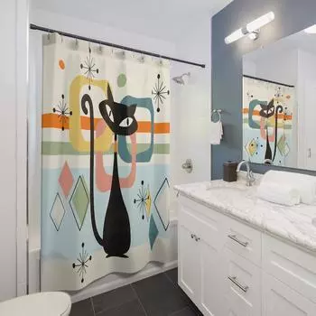 Mid-Century Modern Atomic Cat Shower Curtain - Light Beige Design, Unique Wedding & Housewarming Gift W90xH180cm