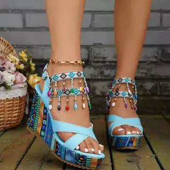 Женские босоножки на танкетке с пряжкой и средним каблуком, открытый носок, 2024, хит продаж, летняя мода, новые элегантные босоножки на покатом каблуке для женщин 36