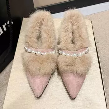 Mid Heel Square Heel Pumps Pointed Toe Cow Suede Women s Shoes on Sale 2024 High Quality Spring/autumn String Bead Pumps 35 чёрный