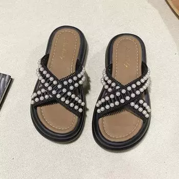 Mid Heel Summer Modern Slippers Outside Flat with 2024 High Quality Shoes Female Solid String Bead Novelty Women s Slippers 35 белый