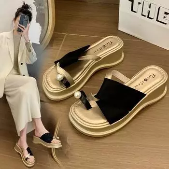 Mid Heel Summer Modern Slippers Outside Wedges Female Shoes on Sale 2024 New Pull on Solid Shallow Women s Slippers Chinelos 35 чёрный