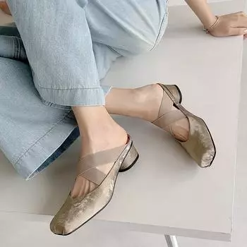 Mid Heels Slippers Women Square Toe Shoes Summer Dress Sandals 2024 Designer New Chunky Slides Pumps Fashion Female Flip Flops 34 бежевый