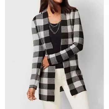 Mid-Length Casual Wool Jacket Black and White grid M