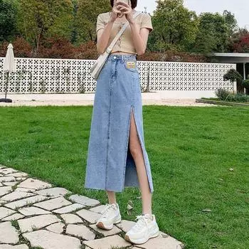 Mid-length Half-body Skirt Female Design Sense Thin Section Summer High Waist Side Open Fork Package Hip A Word Cowboy Fashion Denim Bustier Skirt S светло-синий