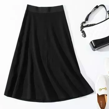 Mid Length Long Length All-Match Elastic High Waist plus Size Skirt Black inner clip bright silk L