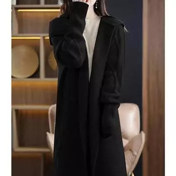Mid Length Long Length Hooded Twisted Flower Outwear over the Knee Cashmere Cardigan Black XL