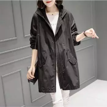 Тонкая ветровка средней длины на весну и осень, повседневная куртка для женщин 4XL чёрный