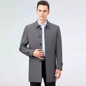 Mid-length Windbreaker Men s Spring and Autumn Lapel Business Casual High-end Mulberry Silk Middle-aged Men s Solid Color Versatile Jacket 170