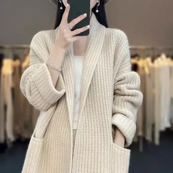 Mid-Lentgh Sweater Coat Women Autumn Winter Knitted Cardigan Korean Lazy Style Loose Female Knitting Sweaters One size хаки
