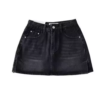 Mid-Waisted Figure Flattering Versatile Split Denim Skirt Fake Two-Piece Black L