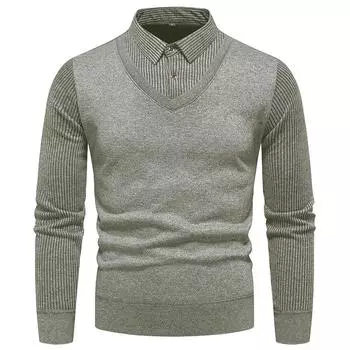 Middle-aged and Elderly Autumn and Winter Velvet Business Casual Long-sleeved Knitted Shirt Fake Two-piece Sweater Shirt M