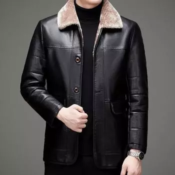 Middle-aged and Elderly Men s Down Jacket Business Casual Thickened Leather Jacket Lapel Leather Down Jacket M