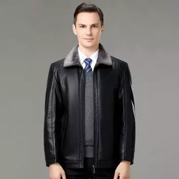 Middle-aged and elderly men s genuine leather jackets sheepskin thickened plus velvet down leather jacket winter lapel fur one-piece jacket M