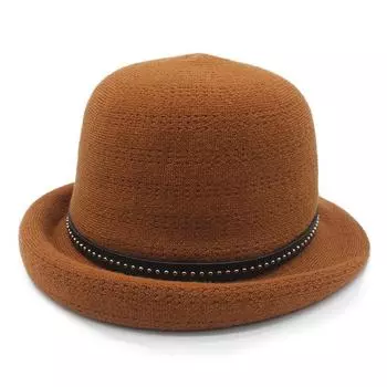 Шляпа для мам среднего и пожилого возраста, детская осенне-зимняя вязаная женская шляпа-цилиндр в иностранном стиле с фронтальным стуком, популярная шапка-тазик для темперамента M56-58cm коричневый