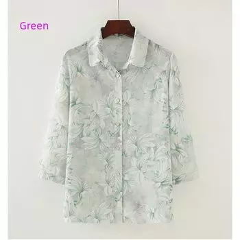 Middle-Aged and Elderly Women clothes Grandma Summer Clothing Imitated Silk Fabric Shirts Top Mother Silk Shirt Old Lady Thin Cardigan 506 Green 2XL
