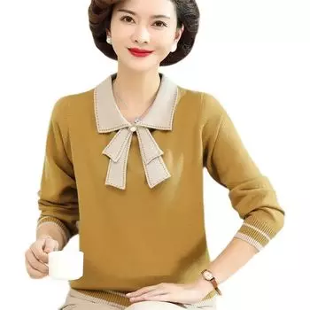 Middle-Aged and Elderly Women s Dress Autumn Clothing Stripes T-shirt Small Shirt Fat Grandma s Clothes Sweater Bottoming Shirt Loose Fashion Knitwear 2382 ginger 3XL