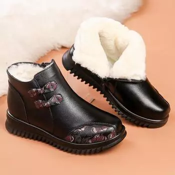 Middle-aged and Elderly Women s Fashion Winter Warm Cotton Shoes Mom s Genuine Leather Fleece Lined Zipper Ankle Boots 35