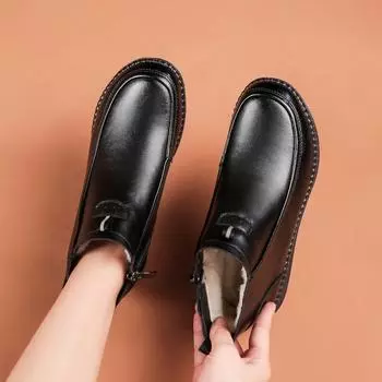Middle-aged and Elderly Women s Winter Black Cotton Shoes Genuine Leather Flat Non-slip Zipper Ankle Boots 35