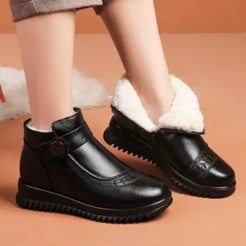 Middle Aged and Elderly Women s Winter Warm Genuine Leather Cotton Shoes Fleece Lined Flat Non-slip Short Zipper Boots 35