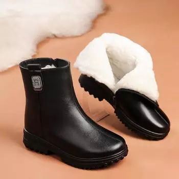 Зимние теплые хлопковые ботинки из натуральной кожи для женщин среднего и пожилого возраста, черные ботинки до середины икры на молнии для мамы 35