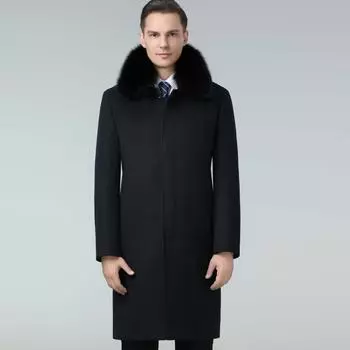 Пальто мужское кашемировое, длиной до колена, с подкладкой из лисьего меха, с воротником из шерсти папы, шерстяная ветровка 170