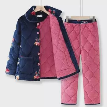 Middle-Aged & Elderly Women s Velvet Pajamas: Warm Winter Cotton Suit for Home 3XL (135-150 jin)