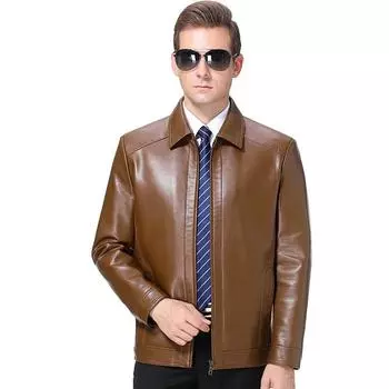 Middle-aged genuine leather jacket men s autumn and winter lapel leather jacket dad s outfit plus velvet thickened leather jacket trendy 170