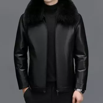 Свободная повседневная куртка-пуховик для мужчин среднего возраста из натуральной кожи, кожаная куртка с шубой и воротником из лисьего меха, съемная подкладка M