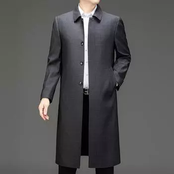 Middle-aged men s over-the-knee windbreaker jacket autumn and winter lapel casual business wool windbreaker plus cotton men s cloak 170