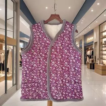 Middle-Aged Women s Autumn & Winter Retro Fleece-Lined Cotton Vest Mom s Style Inner Wear Cotton Gilet Waistcoat 2XL