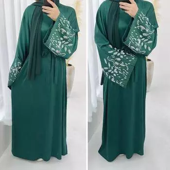 Middle East New Arrival Women Embroider Loose Elegant Cardigan Robe Dress Leaf Embroidered Dress Green XL