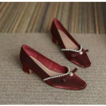 Middle heel crystal Xiuhe wedding shoes women s pearl new thick heel single shoes small fragrant French dress high heels spring and autumn models 35