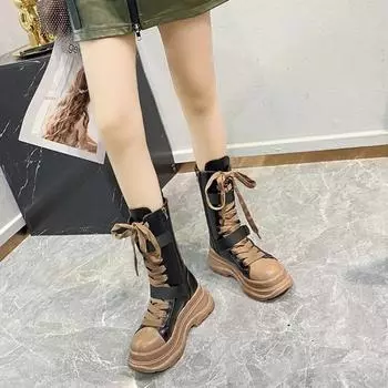 Middle Heel With Laces Ladies Mid Calf Shoes Retro Lace-up Women s Half High Boots Winter 2024 Novelty Pu Boot Waterproof Trend 35