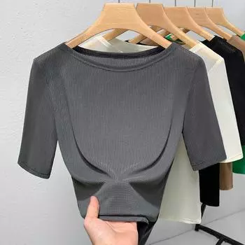 Middle Sleeve T-shirt Women s New Women s One-shoulder Mesh T-shirt Solid Color Waist-closing Top S чёрный
