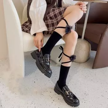 Middle Tube Socks Jk Stockings Ribbon Lolita Stockings Trendy Flower Stockings Girls чёрный