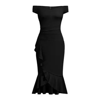 Миди-платье бодикон с открытыми плечами для женщин, платье без рукавов для гостьи на свадьбу, платье-русалка для коктейльной вечеринки L чёрный