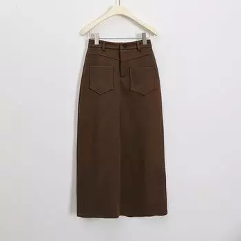 Миди-юбка слим-фит из смесовой шерсти с поясом и двойными карманами - Ретро стиль Гонконга. Extra Large кофейный