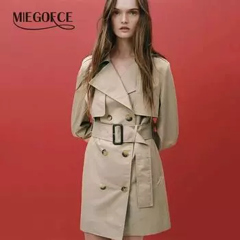 MIEGOFCE 2024 Women Spring Autumn Double-breasted Lapel Long Trench Coat Solid Color British Style Belt Casual Windbreaker F25003 S хаки