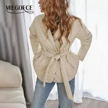 MIEGOFCE 2025 Весна Осень Женское Винтажное Поясное Стеганое Воротник Лацкан Длинные Рукава Закрытые Пуговицы Стеганое Пальто Куртка M25003 S абрикосовый